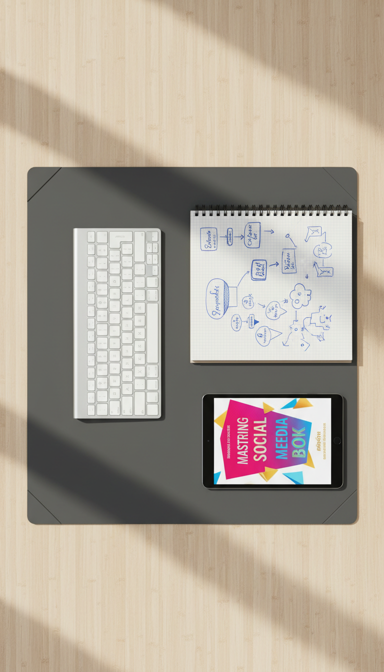 A clean, geometric flat-lay composition featuring a slate-gray mousepad, a slim wireless keyboard, a crisp spiral notebook with hand-drawn marketing diagrams, and a smart tablet displaying a vibrant eBook cover titled “Mastering Social Media.” Everything sits atop a natural bamboo desk surface. Soft, diffused daylight filters in from a window out of frame, lending a tranquil yet focused atmosphere with gentle, elongated shadows. The mood is organized and productive, encouraging creative energy for self-led digital marketing study. Captured from a perfectly overhead angle, the image boasts a minimalist, clutter-free presentation, echoing the balance of modernity and clarity at the heart of DigiGrowth Academy.