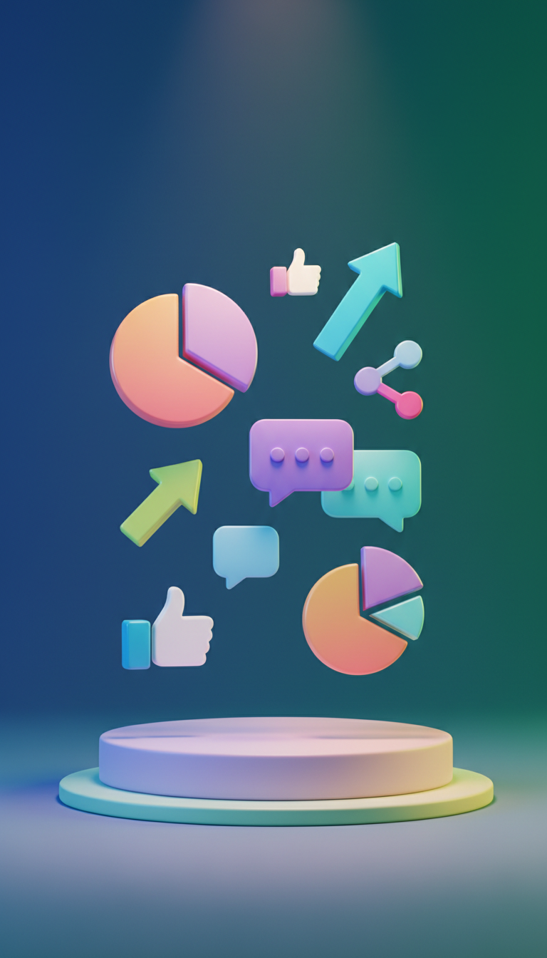 A collection of abstract, glossy icons representing marketing analytics—colorful pie charts, upward arrows, chat bubbles, and social media symbols—delicately suspended above a smooth, pastel-tinted podium. The background blends gradient hues of blue and emerald in a seamless, modern style. Targeted spotlights from above create gentle pools of illuminated color while faint, long-edged shadows provide visual depth. The vibe is energetic and optimistic, communicating growth and digital innovation. With a centered, eye-level composition and sharp focus, this image exemplifies a clean, graphic, and tech-forward aesthetic that immediately appeals to aspiring digital marketers.