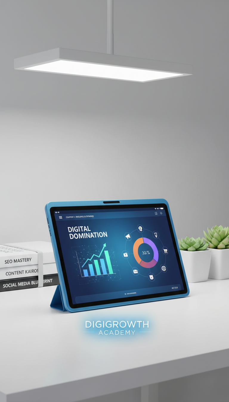 A sleek, azure-blue digital tablet displaying an open eBook with vibrant, stylized graphs, marketing icons, and digital interface elements on its screen. The device rests atop a pristine, matte-white desk flanked by a stack of digital marketing textbooks and minimalist potted succulents. A diffused white glow from an overhead LED lamp casts gentle shadows, bringing clarity to the scene. The mood is energetic and aspirational, designed to evoke focus and innovation. Shot at a slightly elevated angle with a crisp, modern composition that uses a shallow depth of field to keep the tablet sharply in focus, this image embodies a clean, professional, and tech-savvy aesthetic that aligns perfectly with DigiGrowth Academy’s mission of empowering digital learning.
