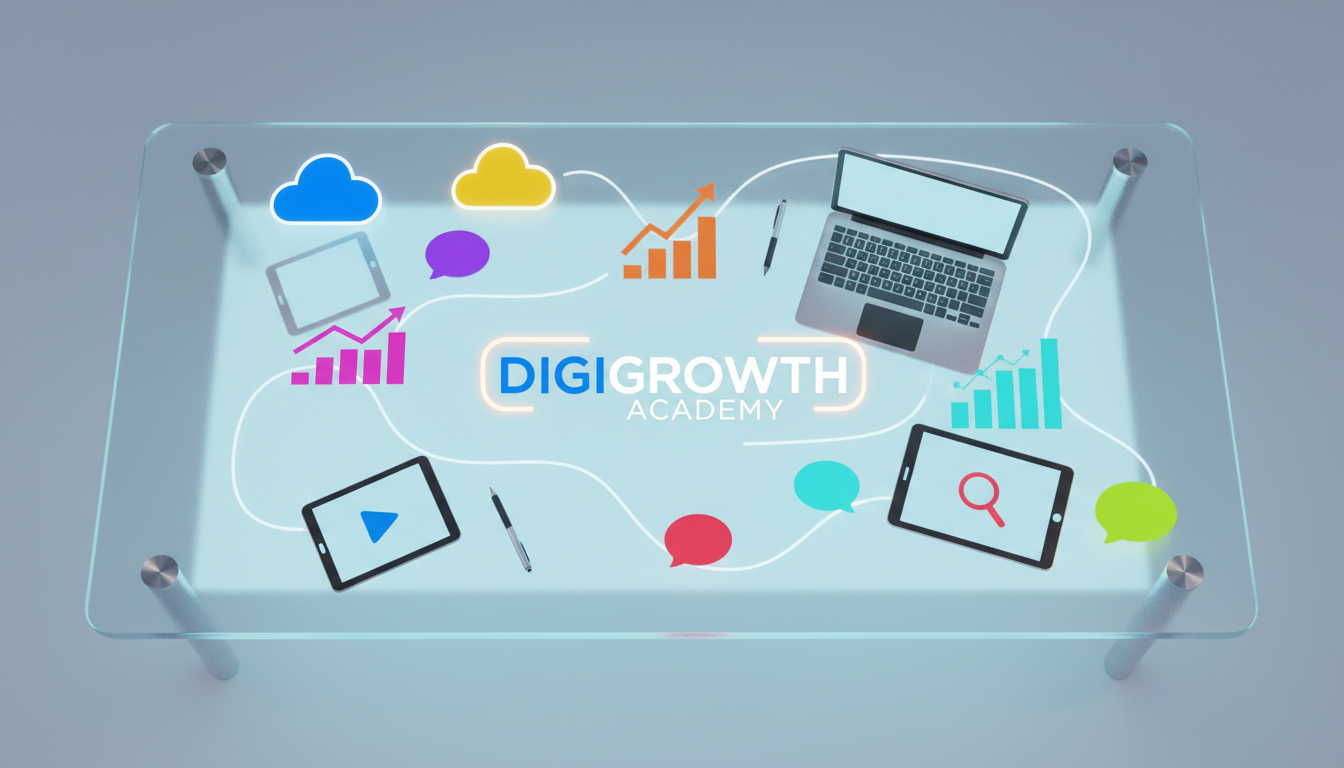 A minimalist, high-resolution illustration of interconnected cloud icons, bar graphs, and chat bubbles rendered in bright, saturated colors, all floating above a backlit frosted-glass desk. The surface is scattered with chrome-accented digital devices—tablets, laptops, and smart pens—accentuating the digital theme. Soft blue ambient lighting creates a calm glow, while subtle rim lighting defines the sleek shapes. The composition is top-down, ensuring all elements are clearly visible, with a spacious, uncluttered layout. The mood is open and inventive, reflecting digital connectivity and eLearning growth. This image radiates a playful yet professional digital marketing identity suitable for DigiGrowth Academy’s homepage.