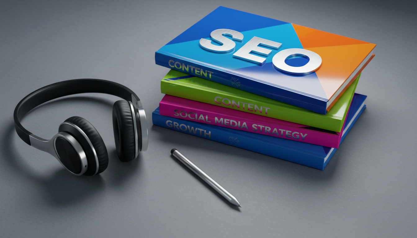 A close-up of a stack of glossy, digitally rendered eBook covers with bold, colorful geometric designs and prominent keywords like “SEO” and “Social Media Strategy” embossed in metallic fonts. The books rest on a crisp, matte slate-gray surface next to sleek wireless headphones and an elegant silver stylus. Ambient cool-white lighting flows in from the right, highlighting the textures and finishes while casting contemporary, soft-edged shadows. The mood is dynamic and innovative, suggesting limitless potential for digital marketing mastery. Captured from a sharp, low perspective, the image uses asymmetrical framing and vibrant, high-contrast color, presenting a modern, inspirational, and knowledge-driven vibe for an online educational storefront.